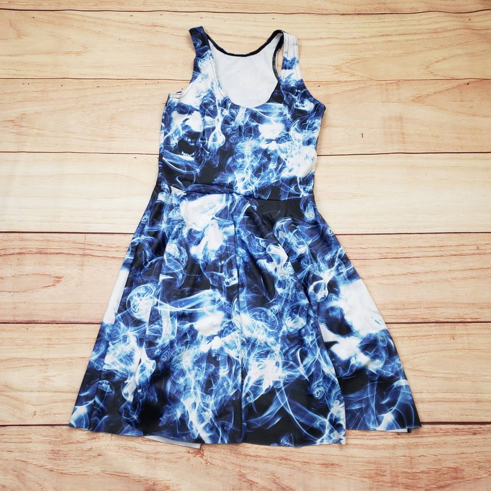 BlackMilk‎ Smoke Print Skater Dress Women Size S Blue White Sleeveless A-Line